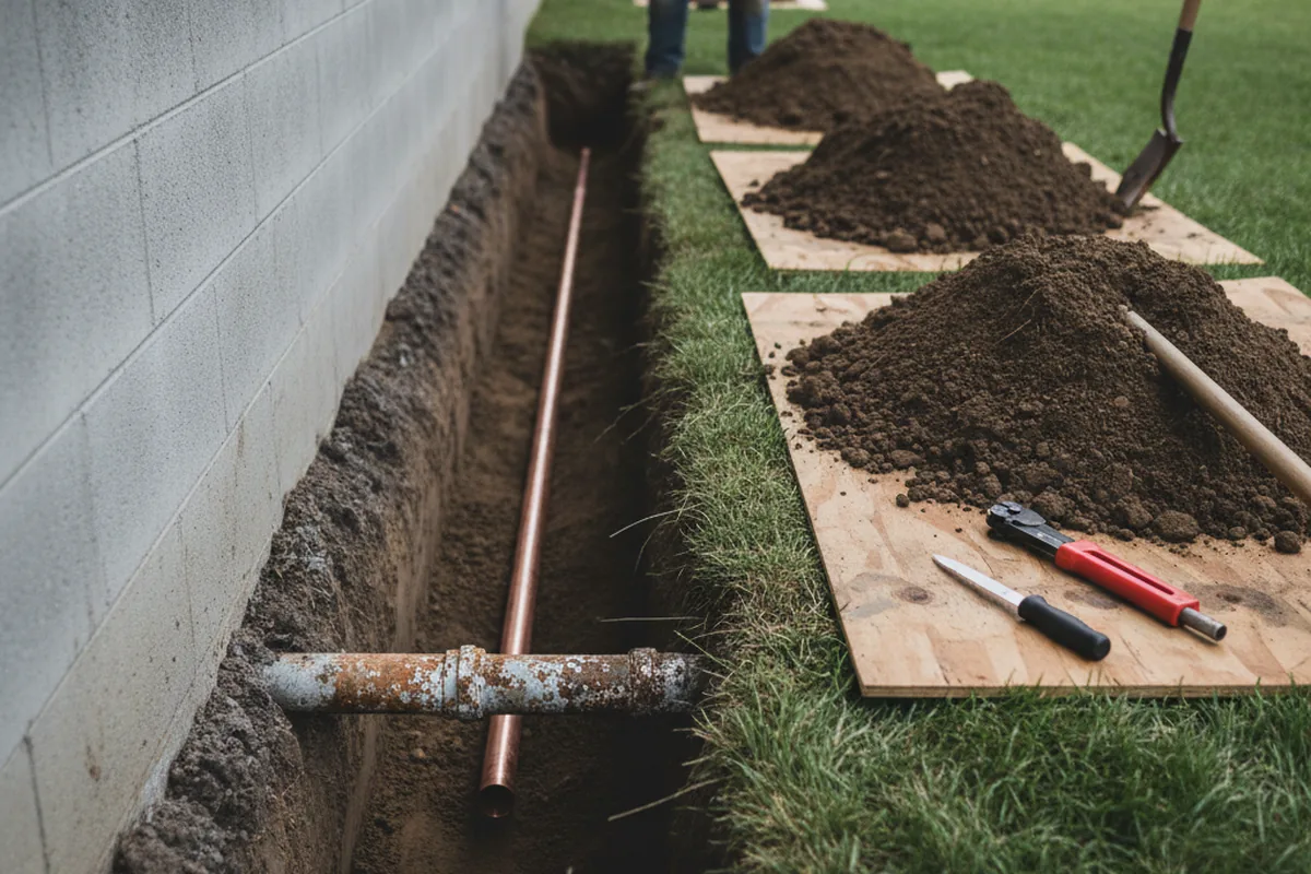 Excavated water line trench during Water Heater Repair in Hurley
